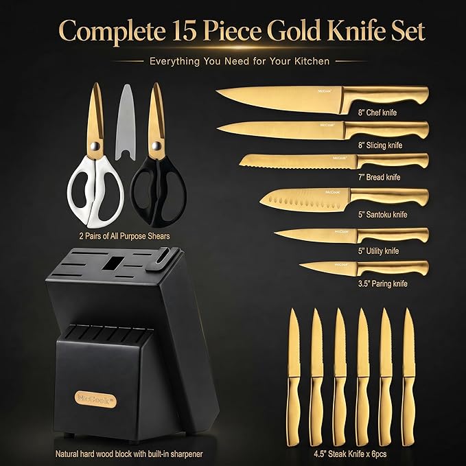 McCook® Knife Sets, Golden Titanium Stainless Steel Kitchen Knife Block Sets with Built-in Sharpener, 15 Piece Knives, Restaurant Grade Sharp, Elegant Gold & Stylish Wooden Block for Modern Culinary