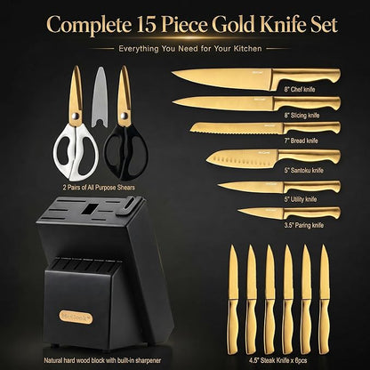 McCook® Knife Sets, Golden Titanium Stainless Steel Kitchen Knife Block Sets with Built-in Sharpener, 15 Piece Knives, Restaurant Grade Sharp, Elegant Gold & Stylish Wooden Block for Modern Culinary