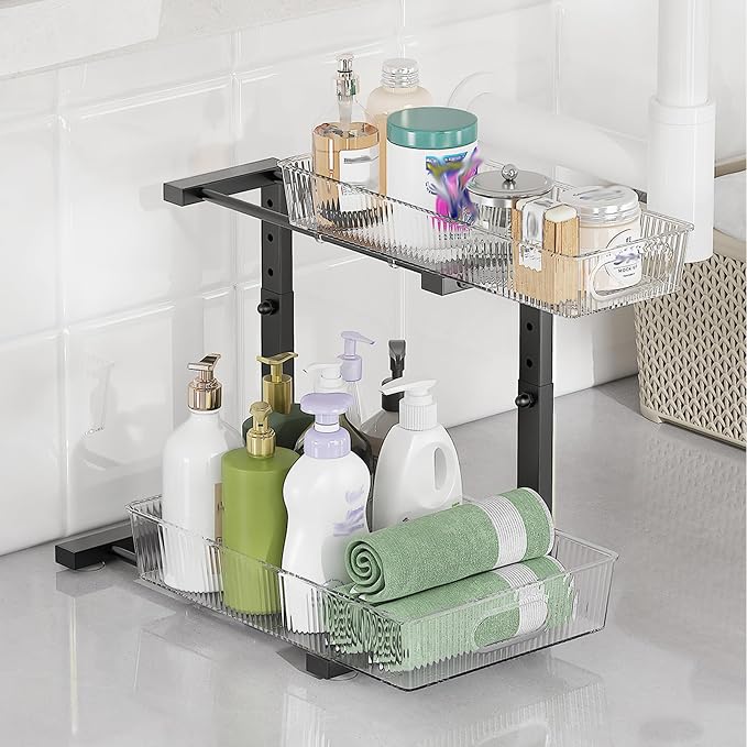 Under Sink Organizer, 2 Tier Pull Out Storage Organizer, Slide Out Storage Shelf for Bathroom & Kitchen, Under Cabinet Organizer and Storage with 5 Gears Height Adjustable (Black, 1 Pack)
