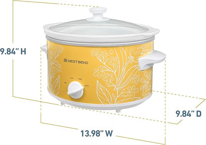 West Bend 4-Quart Manual Slow Cooker with 3 Cooking Settings, Dishwasher-Safe Ceramic and Glass Lid, 210 Watts, Yellow