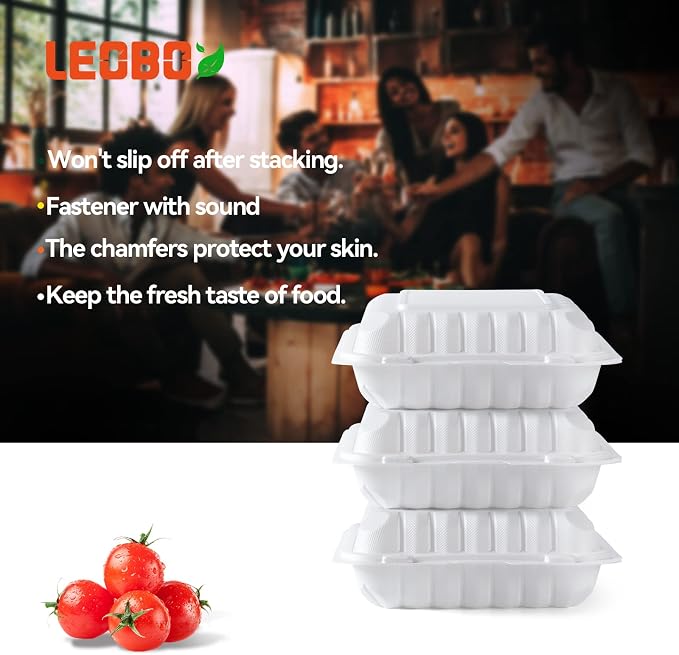 8 Inch 34oz 55-Pack White Food Containers - Shrink Wrap No Pre-Wash | BPA Free Sturdy Reusable | Microwave, Freezer & Dishwasher Safe for Leftovers, Meal Prep, Takeout & Catering Disposable Box