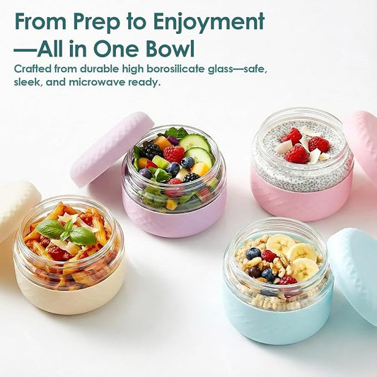2 Pack 16 oz Glass Lunch Bowl Containers with Lids | Leak & Spill Proof, BPA-Free, Microwave & Dishwasher Safe, Airtight Meal Prep & Food Storage Jar for Lunch, Salad, Soup, Oats, Stew, Yogurt
