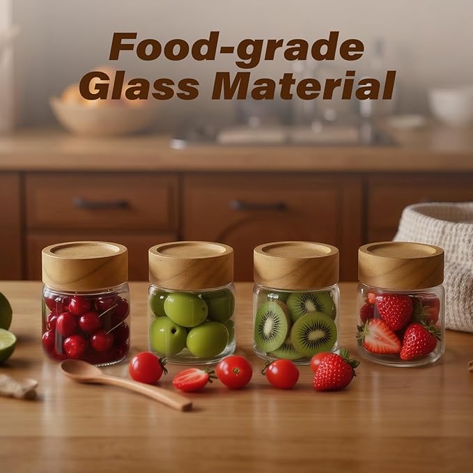 6-Pack 6 fl oz Stackable Airtight Glass Jars (with Acacia Wood Lids + Sticker Labels) – Small Mason Jars designed for overnight oats, spices, dry goods, and kitchen organization.