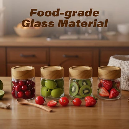 6-Pack 6 fl oz Stackable Airtight Glass Jars (with Acacia Wood Lids + Sticker Labels) – Small Mason Jars designed for overnight oats, spices, dry goods, and kitchen organization.