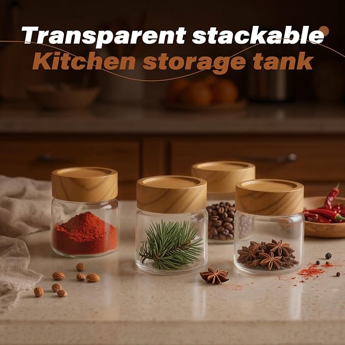 6-Pack 6 fl oz Stackable Airtight Glass Jars (with Acacia Wood Lids + Sticker Labels) – Small Mason Jars designed for overnight oats, spices, dry goods, and kitchen organization.