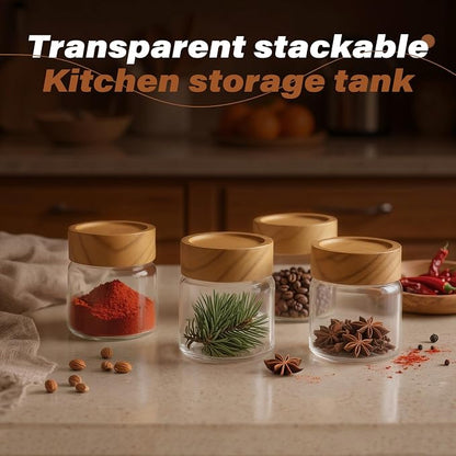 6-Pack 6 fl oz Stackable Airtight Glass Jars (with Acacia Wood Lids + Sticker Labels) – Small Mason Jars designed for overnight oats, spices, dry goods, and kitchen organization.