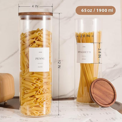 Set of 3 Glass Pantry Jars with Acacia Wood Lids, 65oz Airtight Pasta Organizers with 105 Labels, Tall Glass Pantry Storage Containers for Cereal, Spaghetti, Pasta Canisters