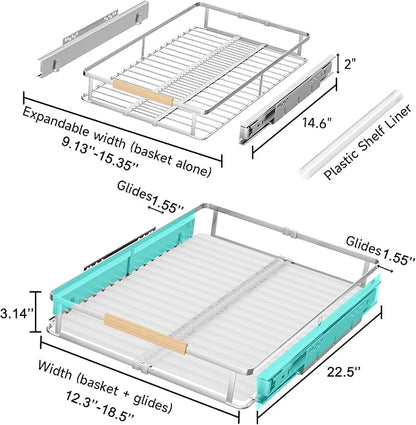 Expandable Pull Out Cabinet Organizer, 12.3"-18.5" W x 22.5''D | 1Pack, Stainless Steel Slide Out Drawers, Heavy Duty Drawer Slides, For Kitchen Pantry Cupboard Pots Pans, Adjustable Width