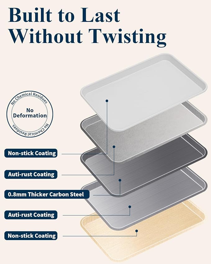 7PCS Nonstick Baking Sheet Set - 10x15in Jelly Roll Pan with Wire Rack, Silicone Spatula & 4 Cookie Cutters, Thickened Carbon Steel, Oven Safe 450°C, Sunshine Cream