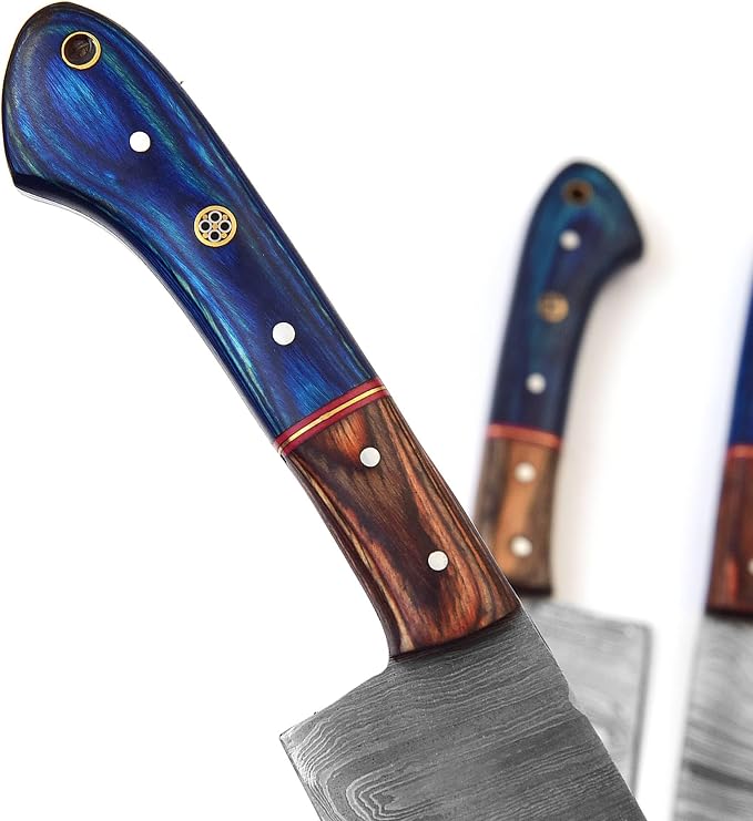 LEONA CRAFT® Custom Handmade Damascus Steel Chef Set Kitchen Knives with Leather Pouch 5 PCS Poplar Home Professional Knife Without Block Cool Blade Wood Handle Utensils Tops Tools Paring Knifes (011)