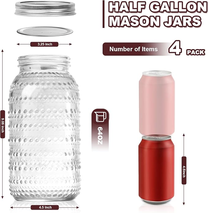 Wide Mouth Mason Jars 64 oz, 4 Pack Large Half Gallon Mason Jars with Lids, Glass Canning Jars for Fermenting, Pickling, Storing Food, Meal Prep, Salad Jam