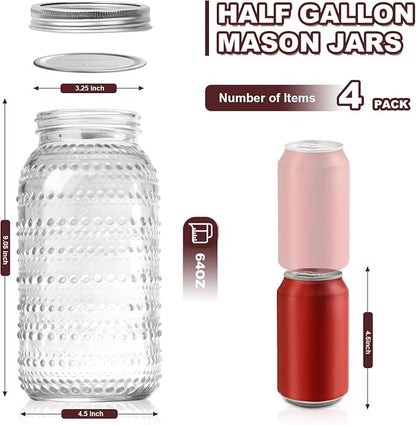 Wide Mouth Mason Jars 64 oz, 4 Pack Large Half Gallon Mason Jars with Lids, Glass Canning Jars for Fermenting, Pickling, Storing Food, Meal Prep, Salad Jam