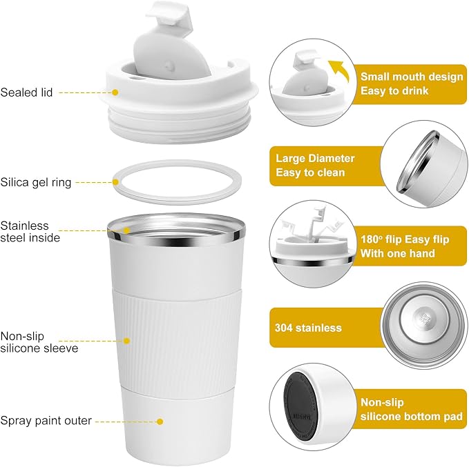 YINJAM 12oz Travel Coffee Mug Insulated Coffee Cups to Go with Leakproof Lid Vacuum Stainless Steel Double Walled Thermal Car Coffee Tumbler for Hot Cold Iced Tea Drinks Reusable (White, 12oz)