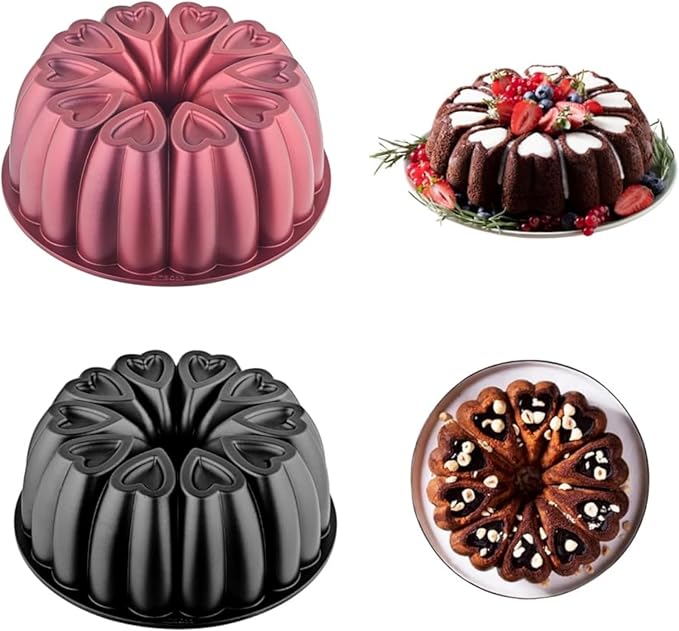 Heart Shape Aluminum Cake Pan, Titanium Coating, Non-Stick, 12 Cups, Gifts for Mom, 10 Inch Baking Mold, Cast Aluminum Fluted Tube Pan, Easy to Clean (2-Pack, Black-Red)