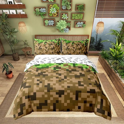 Pixelated Style Square Grid 100% Nature Cotton Duvet Cover Brown Green Army Camo Comforter Cover Twin Size with 1 Pillowcase Cartoon Gamepad Modern Aesthetic Luxury Bedding Set (No Filler)