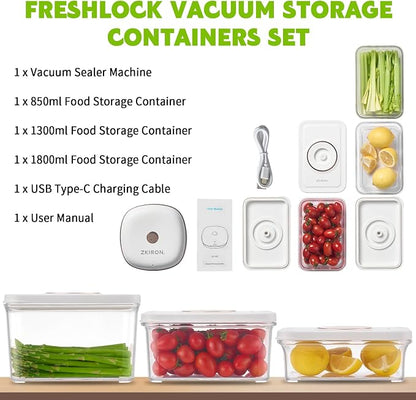 ZKIRON One-Touch Electric Vacuum Seal Food Storage Containers Set of 3 - Automatic Sealer Machine with Airtight Meal Prep Containers - BPA-Free & Stackable for Vegetables, Meat, Fruits (White)