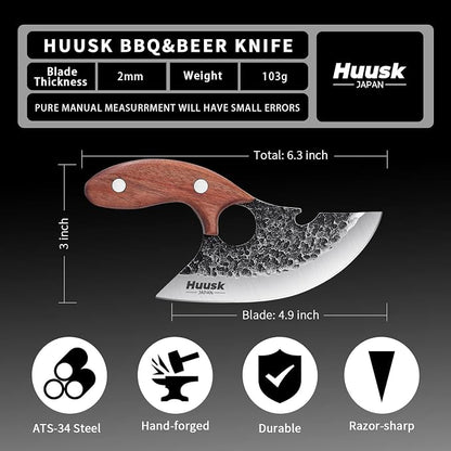 Huusk Knives, Viking Boning Knife for Meat Cutting, Small Ulu Knife, Hand Forged Full Tang Caveman Ultimo Knives for Kitchen or Camping Christmas Gift for Men and Women