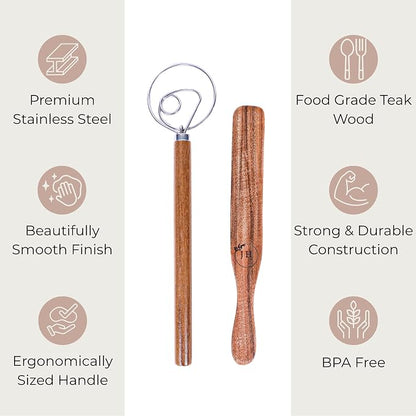 Dutch Dough Whisk & Teak Spurtle Set; Premium Stainless Steel Sourdough Whisk, Wooden Starter Jar Spatula; Sourdough Bread Baking Supplies for Home Bakers; BPA-Free, Bread Making Tools