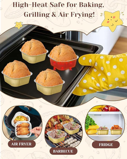 YQER 60 Pack 10oz Mini Cake Pans with Lids, Spoons, Stickers - Disposable Square Brownie Baking Cups - Individual Small Aluminum Foil Loaf Tins for Muffin, Ramekins, Cupcake - Catering, Gift, Gold