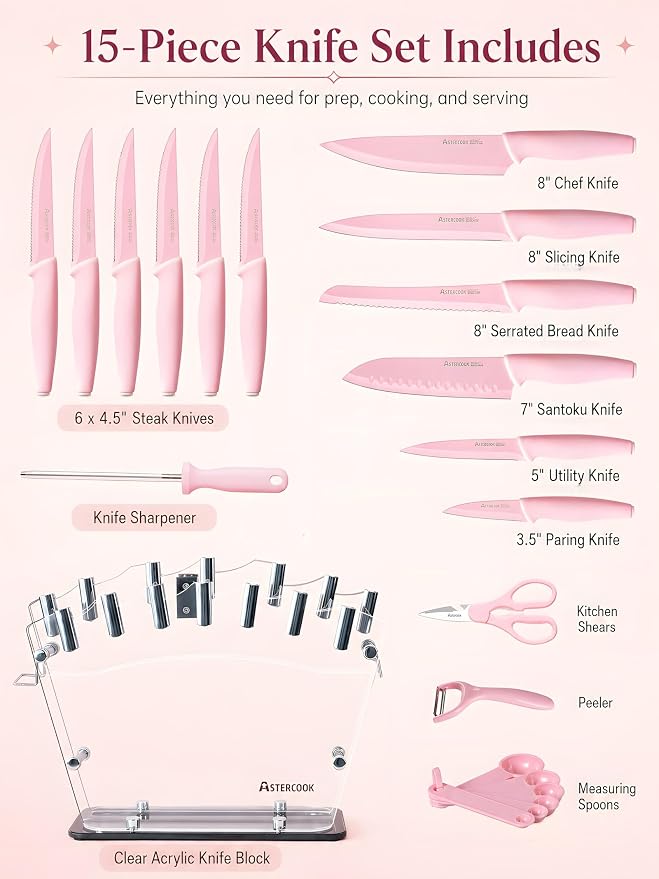 Astercook Knife Set with Block and Sharpener, 22 Piece Kitchen Knife Set Dishwasher Safe, Space-Saving Clear Knife Block with Knives for Everyday Home Cooking Pink