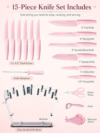 Astercook Knife Set with Block and Sharpener, 22 Piece Kitchen Knife Set Dishwasher Safe, Space-Saving Clear Knife Block with Knives for Everyday Home Cooking Pink