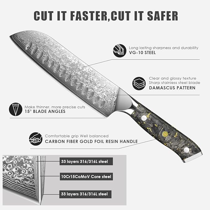 KEENZO Santoku knife 7 inch, Sharp Chef Knife, Professional kitchen knives,Japanese Hand Forged 67 Layers Hammered Damascus Steel Cooking Knife,Gold Foil Resin Handle with gift box