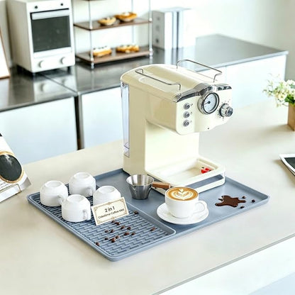 Caketime 2 In 1 Silicone Coffee Bar Mat Accessories for Keurig Coffee Maker with Detachable Dish Drying Rug Kitchen Counter Under Sink Drainer Necessities Rome Decor 16"x20" Light Gray