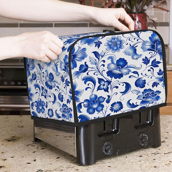 Blue Flower Toaster Cover 2 Slice Wide Slot Washable Toaster Covers | Floral Art Dust and Fingerprint Protection Bread Maker Covers for Kitchen Accessories Decor Bakeware Women Gift