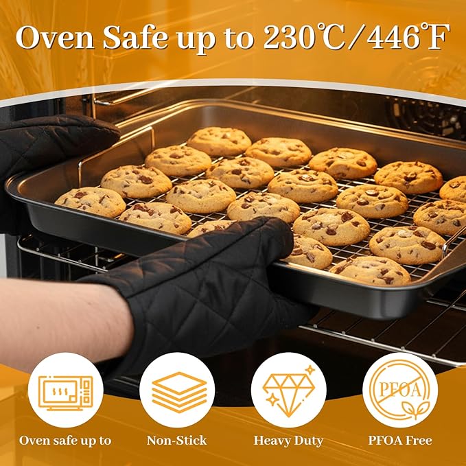 8PCS Deep Baking Pan Set, 14/15.9/17.5 Inch Nonstick Oven Pan with Cooling Racks & Oven Mitts, Heavy-Duty Roasting Pan with Wide Handles for Cakes, Lasagna and Meat, Black