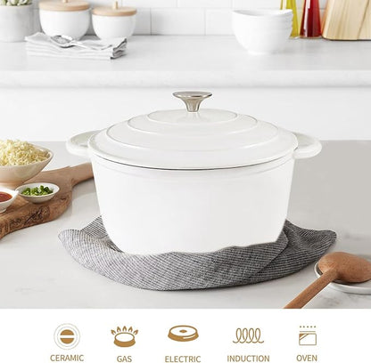 3 Quart Cast Iron Dutch Oven with Lid, Dual Handles Enameled Soup Pot, Heavy Duty and Oven Safe for Bread Baking, Braising, Cooking and Family Gifts, White