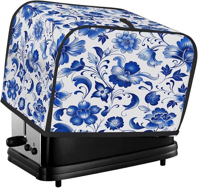Blue Flower Toaster Cover 4 Slice Wide Slot Washable Toaster Covers | Floral Art Dust and Fingerprint Protection Bread Maker Covers for Kitchen Accessories Decor Bakeware Women Gift