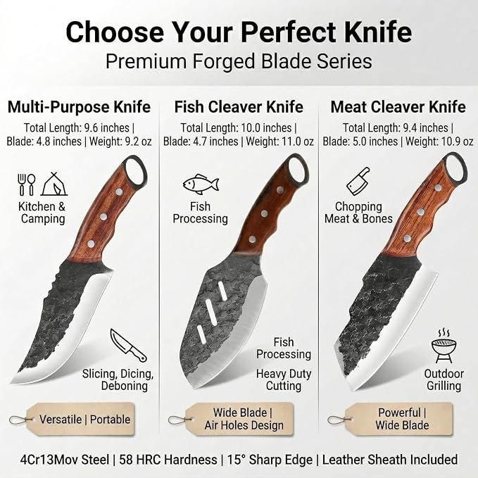KOFERY Hand Forged Serbian Butcher Knife with Full Tang 4Cr13MoV Steel, Viking Meat Cleaver for Butchering, Camp Cooking and BBQ, Includes Leather Sheath & Pocket Sharpener