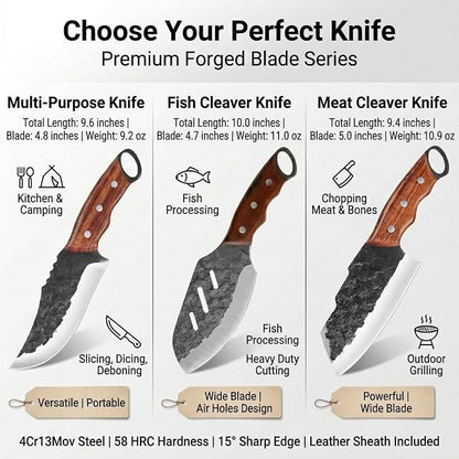 KOFERY Hand Forged Serbian Butcher Knife with Full Tang 4Cr13MoV Steel, Viking Meat Cleaver for Butchering, Camp Cooking and BBQ, Includes Leather Sheath & Pocket Sharpener