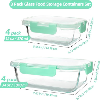 16PCS (8 Bowls + 8 Lids) High Borosilicate Glass Meal Prep Containers, Food Storage Containers with Airtight Lids, Glass Lunch Bento Boxes, Dishwasher Safe, mint