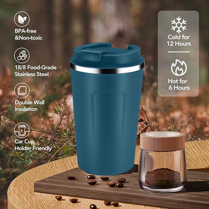 Volhoply 12 oz Double Wall Insulated Vacuum Travel Coffee Mug with Flip Lid,Reusable Stainless Steel Leak Proof Coffee Cup,Portable Iced Cafe Thermal Tumbler Suitable for Hot & Cold Drinks(Bule,1 Set)