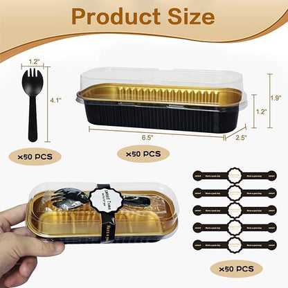 Mini Cake Pans With Lids And Spoons 50 Pack,6.8 oz Rectangle Mini individual Loaf Pans Disposable Aluminum Foil Small Baking Cups Tins (50, black)
