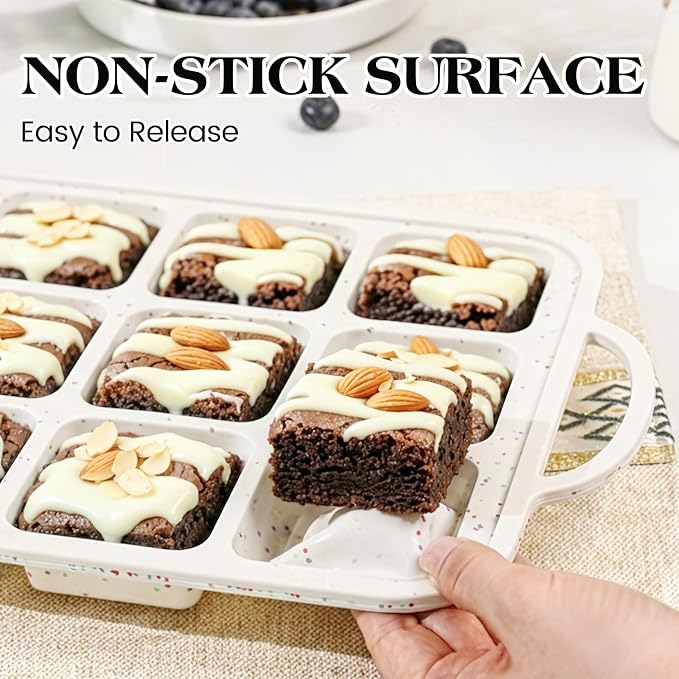 Vinino Silicone Brownie Pan with Dividers, 1 Pack Mini Loaf Pan for Baking Individual, Nonstick 12 Cups Square Muffin Cupcake Pans with Metal Reinforced Frame-Cream