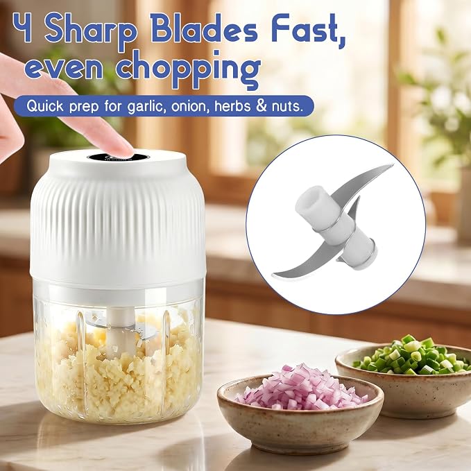Electric Garlic Chopper, 2026 New Mini Food Processor & Food Chopper for Kitchen, Portable Cordless Garlic Mincer with 4 Stainless Steel Blades, Small Vegetable Chopper for Onion Salad (300ML White)