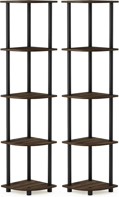Furinno TURN-N-TUBE Corner Shelf Set of 2, 5-Tier Corner Bookshelf, Open Storage Shelves, for Organization and Storage, Living Room, Home Office, Garage, Columbia Walnut