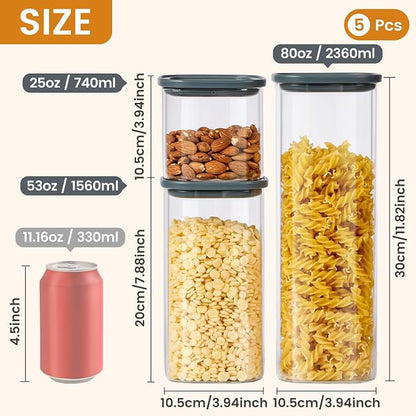 Square Glass Food Storage Jars with Lids Set of 5, Perfect for Pasta, Cookies, Nuts, Coffee, Cereal, Flour,Organize Your Kitchen with these BPA-Free Glass Jars with Silicone Lids