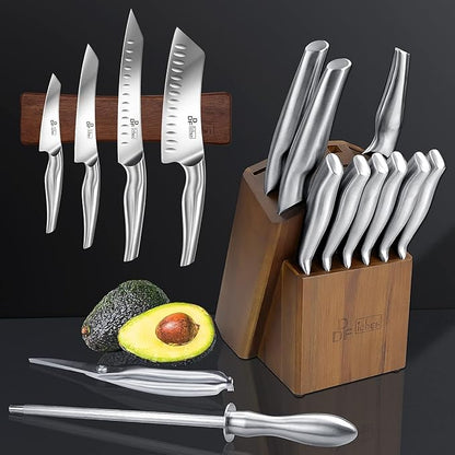 DDF iohEF Kitchen Knife Set with Block, 16 PCS Knife Sets for Kitchen with Block Japanese Stainless Steel, Ultra Sharp Chef Knife Set with Sharpener