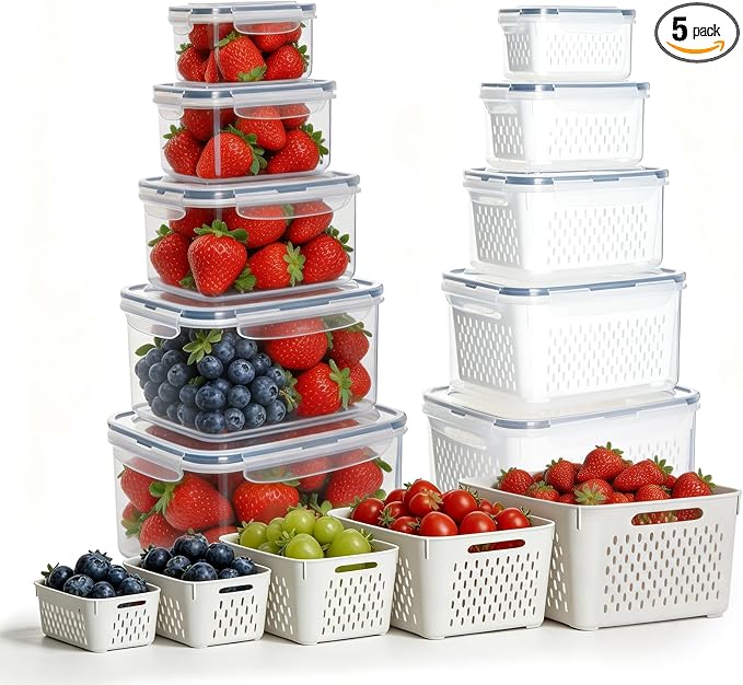 Fruit Containers for Fridge with Removable Colander, 5 Pack Strawberry Storage Containers for Fridge, Containers with Lids, Keep Strawberries, Berries Fresh for Longer