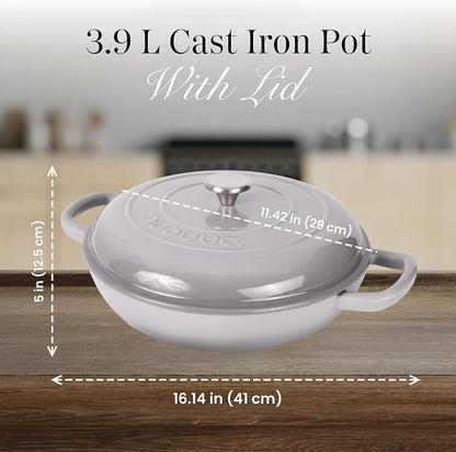 Shallow Cast Iron Casserole with Lid – Non Stick Dutch Oven Pot, Oven Safe up to 500° F – Sturdy Ovenproof Stockpot Cookware – Enamelled Cooking Pot – Grey, 3.7-Quart, 30cm – by Nuovva