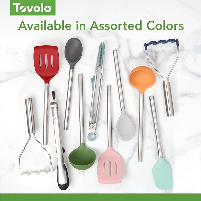 Tovolo Slotted Silicone Spatula Turner Slotted Stainless Steel Handle 10" Pink Sorbet Heat Resistant Non Toxic BPA Free Kitchen Utensil, Silicone Egg Pancake Flipper Metal Handle Turner for Cooking