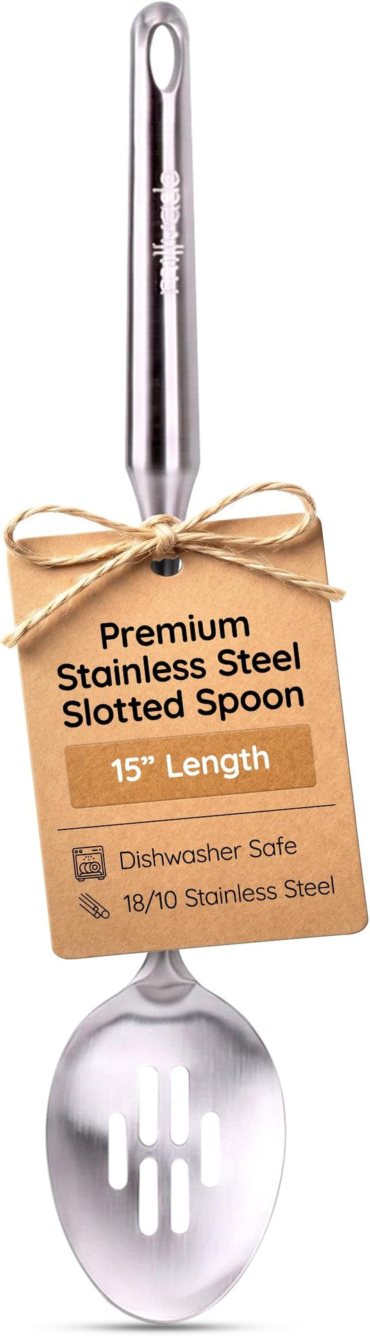 Stainless Steel Slotted Cooking Spoon, 15 Inch Large Metal Chef Strainer Utensil For Cooking, Serving, And Mixing, The #1 Dishwasher Safe Kitchen Tool, Long Spoon With Holes