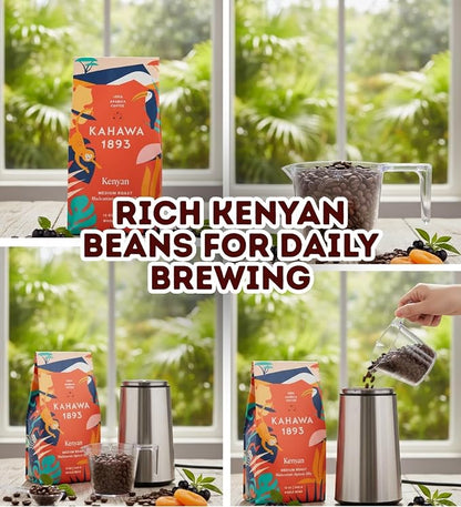 Kenya – 3x Kahawa 1893 Coffee Whole Bean Medium Kenyan 12 oz Bundle with Plastic Clear Measuring Cup – Balanced Medium Roast with Smooth Blackcurrant and Apricot Notes Gift Set (3 Items)