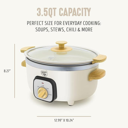 GreenLife 3.5QT Slow Cooker, PFAS-Free Non-Toxic Ceramic Nonstick Removable Interior Bowl, Programmable, Keep Warm, Stovetop & Oven Safe Pot, Dishwasher Safe Crock & Glass Lid, Cream