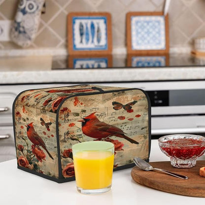 Flower Rose Red Bird Toaster Cover 4 Slice Wide Slot Washable Kitchen Appliance Covers Fingerprint Bread Machine Dust Cover Small Toaster Oven Accessories Covers Bread Maker Bag Women Gift