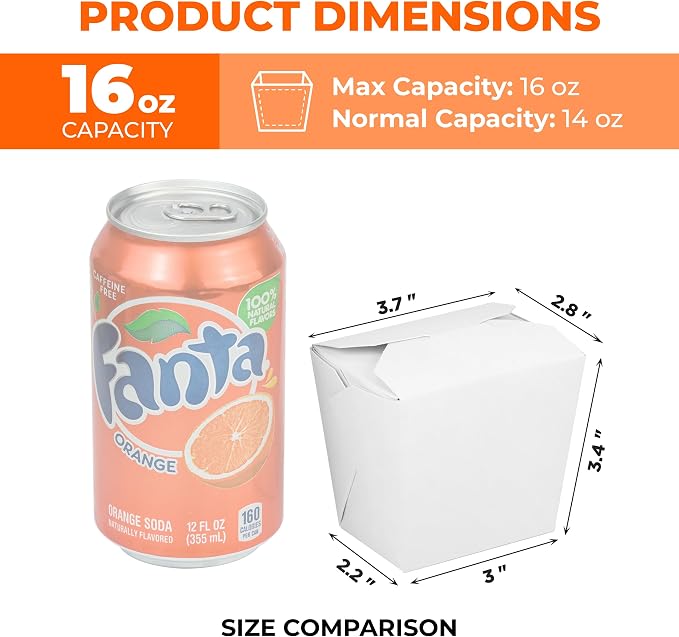 Fit Meal Prep 16 oz Chinese Take Out Boxes 50 Pack Plain White Paperboard Food Containers, Leak and Grease Resistant Pint Size Asian Rectangle To Go Boxes, Candy Buffet Box and Party Favors