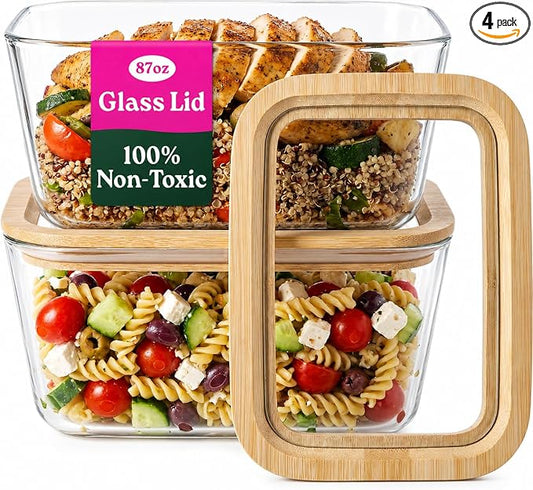2-Pack-87.7 Oz Large Glass Food Storage Containers with Clear-Top Bamboo Lids – Plastic Free Glass Meal Prep Containers for Lunch, Eco Friendly Airtight, Microwave & Freezer Safe